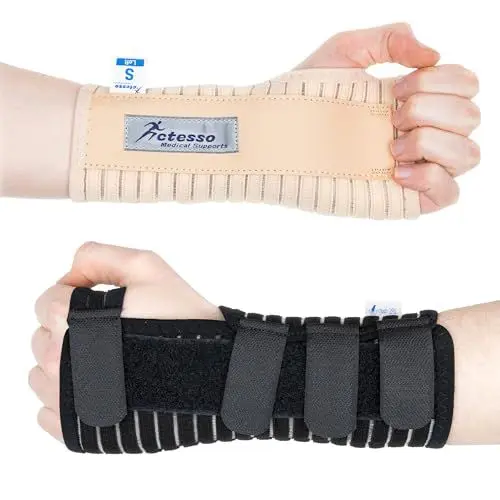 Produktbild: Actesso Atmungsaktive Handgelenkschiene Handgelenkstütze - Entlastung für Karpaltunnelsyndrom, Verstauchungen, RSI und Sehnenscheidenentzündung (Schwarz, S, Links)