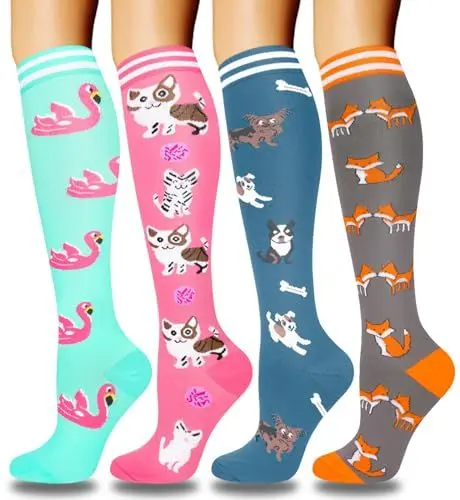 Produktbild: ACTINPUT 4 Paar Kompressionsstrümpfe für Damen Herren, Bunte Stützstrümpfe Kompressionssocken für Sport, Flug, Laufen, Reisen, Radsport, krankenschwester（4109 - Rosa，S-M）
