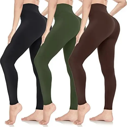 Produktbild: ACTINPUT Leggings Damen High Waist Leggins Blickdicht Schwarze Sportleggings Lang Elastische Yogahose Laufhose Für Sport Gym Yoga (3er Pack - Schwarz/Armeegrün/Braun, S-M)