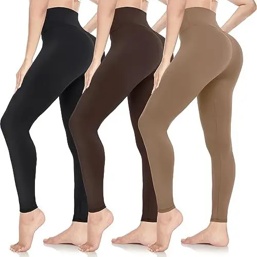 Produktbild: ACTINPUT Leggings Damen High Waist Leggins Blickdicht Schwarze Sportleggings Lang Elastische Yogahose Laufhose Für Sport Gym Yoga (3er Pack - Schwarz/Dunkekaffee/Mokka, L-XL)