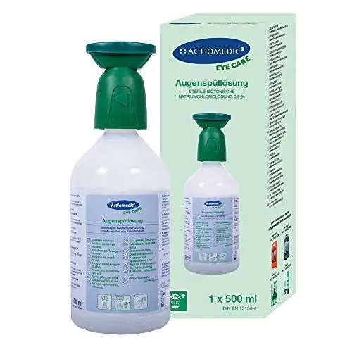 Produktbild: ACTIOMEDIC Augenspülung mit Natriumchloridlösung 0,9% im Einzelkarton, Steriler Augenreiniger für die Arbeit, Augenspülflasche mit Kochsalzlösung, Erste-Hilfe mit ergonomischem Spülkopf, 500 ml