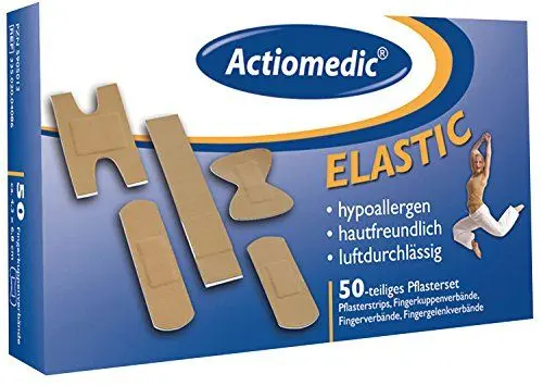 Produktbild: ACTIOMEDIC ELASTIC Pflasterset I Speziell geformte & hypoallergene Pflaster I hautfreundliche Pflaster ideal für Freizeit und Beruf I ISO-zertifizierte Herstellung I 50 Stück