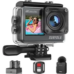 Produktbild: Surfola Action Cam 4K 60FPS Unterwasserkamera, WiFi, 40M wasserdichte Kamera, 170° Einstellbarer Weitwinkel, EIS Helmkamera, Dual-Screen-Camcorder mit kabellosem Mikrofon und 2 Batterien