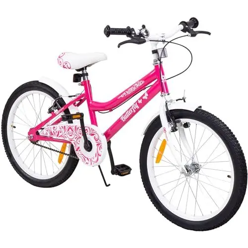 Produktbild: Actionbikes Kinderfahrrad Butterfly 20 Zoll | Kinder Fahrrad für Mädchen - Von 6-9 Jahren - V-Brake Bremse - Freilauf - Kettenschutz - Fahrräder - Laufrad - Kinderrad (Pink/Weiß)