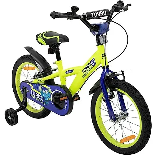 Produktbild: Actionbikes Kinderfahrrad Turbo - 16 Zoll - V-Brake Bremsen - Freilauf - Kettenschutz - Stützräder - Luftbereifung - Kinder Fahrrad - Laufrad - Lenkerschutz - Von 4-7 Jahren (Turbo 16 Zoll)