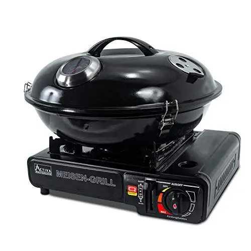 Produktbild: ACTIVA Meisen Gaskocher I Campingkocher inkl. Grilltopf & Tragekoffer I Premium Gasgrill klein - Leistungsstark & vielseitig einsetzbar