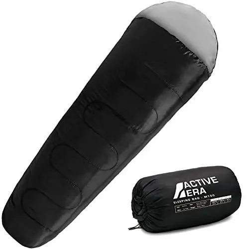 Produktbild: Active Era Mumienschlafsack - Schlafsack Sommer, Frühling, Herbst, 10°C bis 18°- Indoor und Outdoor Camping, Festivals - Sleeping Bag - Ultraleicht Schlafsack Kleines Packmaß – Schwarz