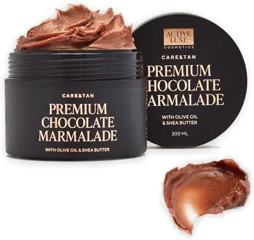 Produktbild: Premium Schokoladenmarmelade - Schnellbräunungs-Sonnenlotion mit Karotten - und Olivenöl - Weltneuheit Pflege - und Bräunungsmarmelade für Einen Dunkleren Teint (200 ml)