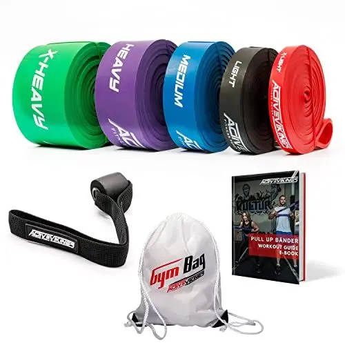 Produktbild: ActiveVikings® Pull-Up Fitnessbänder | Perfekt für Muskelaufbau | Fitnessband Klimmzugbänder Widerstandsbänder (F - Full Package (Komplett Set + Gym Bag))