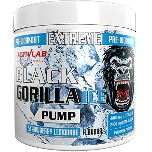 Produktbild: Activlab Black Gorilla Ice Pump Pre-Workout 300g Pulver, 30 Portionen, 4000mg L-Citrullin, 2400mg Beta-Alanin, 2500mg L-Arginin, AAKG, kein Koffein, Eiskühlungseffekt, Erdbeer-Limonaden-Geschmack
