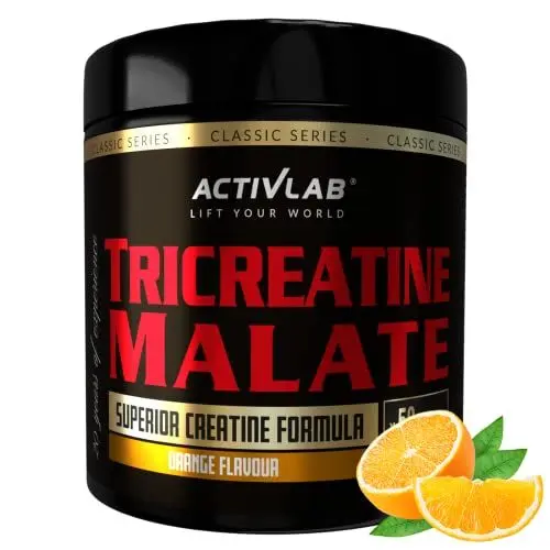 Produktbild: Activlab Tricreatine Malate | TCM 300g | 50 Portionen | Orange | Kreatin Malat | Kraft und Ausdauer | Pulver | für Bodybuilder und Sportler | 3xLabor getestet | inklusive Messbecher