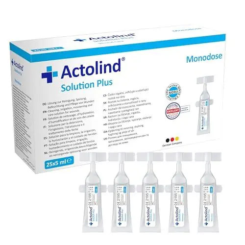Produktbild: Actolind Solution Plus Monodose 5 ml (25 x 5 ml) Wundspüllösung zur schmerzfreien Reinigung & Befeuchtung bei akuten, chronischen,infizierten Wunden & Verbrennungen. CE III, MPG, PHMB. PZN: 19526673