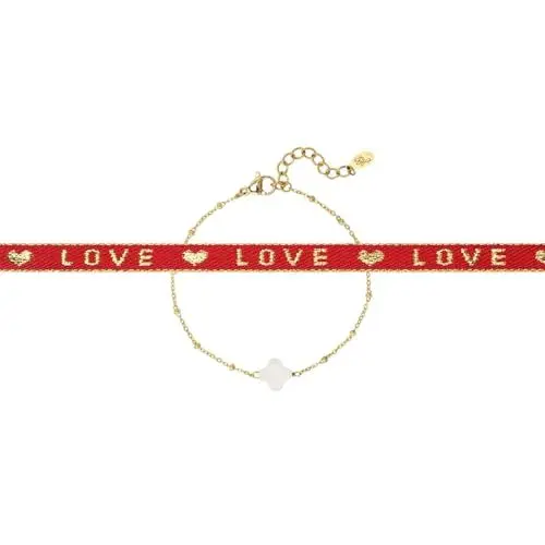 Produktbild: Acura-Styels Vierblättriges Kleeblatt Armband 18kt Edelstahl Vergoldet Perlmutt Kleeblatt Armband Love Stoff Festival Armbänder Rot Kleeblatt Schmuck Set Damen Glücksbringer Stoffband Verschiebekugel