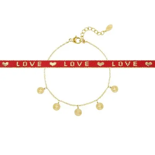 Produktbild: Acura-Styles Edelstahl Armband Gold 18 Kt. Vergoldet Herz Plättchen Armkette Stoff Festival Armbänder Damen Schriftzug Love Hippie Schmuck Set 2 Stk. größenverstellbar Geschenkidee für Frauen Freundin