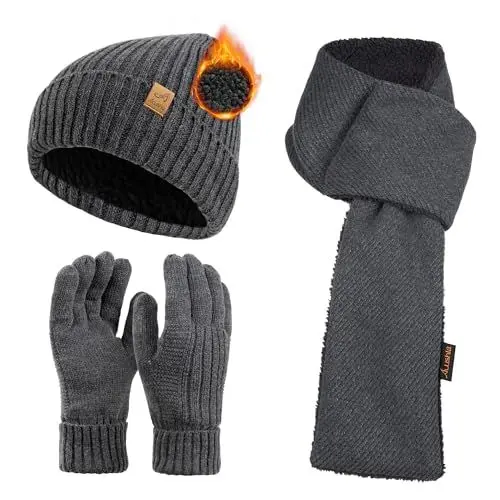 Produktbild: ACUSHLA Winter 3-teiliges Herren Wolle Mütze Schal Handschuhe Set, Warmes Beanie Skull Cap Schal Thermohandschuh Set für Herren Dunkelgrau