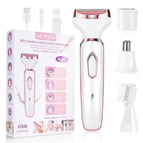 Produktbild: ACWOO Elektrischer Rasierer für Frauen, 4-In-1 Elektrischer Damenrasierer, Schmerzfreier Intimrasierer für Frauen, Haartrimmer für Gesicht Nase Achseln Intimbereich Bikinizone, USB-Aufladung