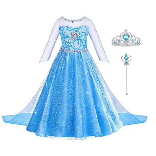 Produktbild: ACWOO ELSA Kostüm Mädchen, ELSA Kinder Prinzessin Kleid 6-teiliges Set mit Krone Diadem Handschuhe Zauberstab usw für Halloween Weihnachten Verkleidung Karneval