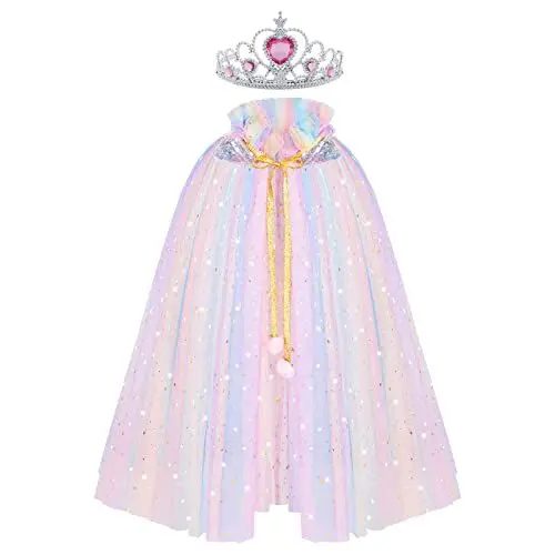 Produktbild: ACWOO Prinzessin Umhang Kinder Mädchen, ELSA Prinzessin Kostüm mit Krone, Halloween Kostüm Umhang Kinder, Prinzessin Cape für Karneval Cosplay Party (merfabig, L)