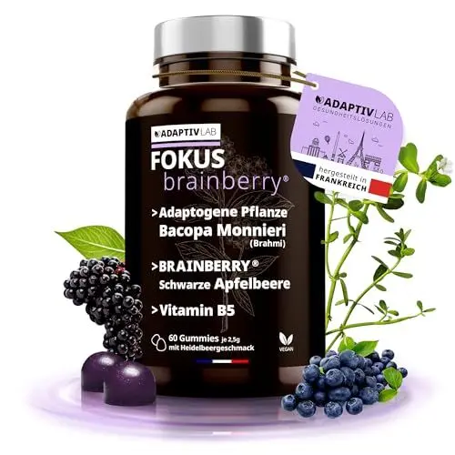 Produktbild: AdaptivLAB Focus Brainberry Anti Stress Nahrungsergänzungsmittel für Konzentration und Gedächtnis - Bacopa Monnieri (Brahmi Extrakt) Heidelbeergeschmack Gummibärchen Supplements mit Vitamin B5