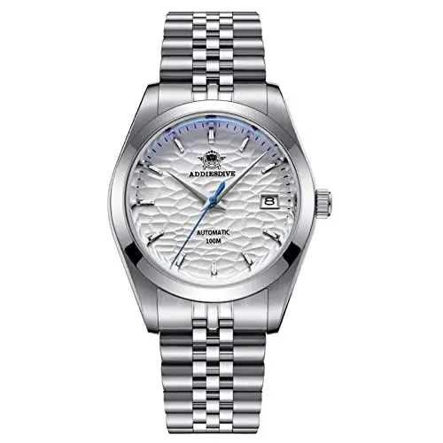 Produktbild: ADDIESDIVE Luxus automatikuhren Herren saphirglas Massives Edelstahlarmband mit elegantem weißem Ocean Wave Zifferblatt
