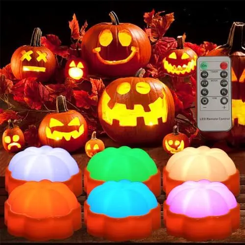 Produktbild: ADDLIVE 6 Stück Halloween Kürbis Lichter, Halloween Jack-O-Lantern Licht, Batteriebetriebene LED Kürbis Lichter mit Fernbedienung für Halloween-Party, Outdoor-Dekoration