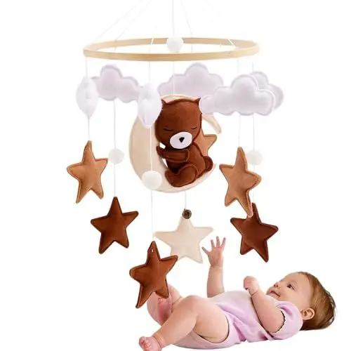 Produktbild: ADDLIVE Mobile Baby, Mobile Baby Windspiele mit Wolken Sterne, Baby Mobile Windspiel Holz mit Bär, Baby Mobile für Bett – Perfektes Mobile für Babybetten oder Als Babyzimmer Deko.