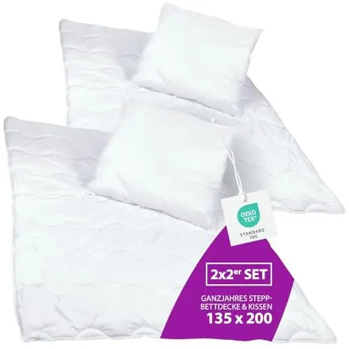 Produktbild: AddLiving Premium Steppbettdecke & Kopfkissen Bettenset Für Allergiker Waschbar Ganzjahresdecke Vierjahreszeiten-Bett mit Klimafaser Steppdecke (135 x 200cm - 2er Set)