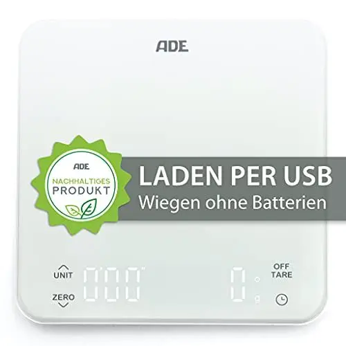 Produktbild: ADE Digitale Küchenwaage mit Akku - Aufladung per USB ohne Batterie | präzise Kaffeewaage mit integriertem Timer | bis 5 kg / 1 g