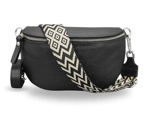 Produktbild: ADEL Bauchtasche Damen Echtleder Emma Silber Handgemachte Umhängetasche Crossbody Bag mit Optionalen Breiten Gemusterten Riemen Stylische Hüfttasche Made in Italy (Schwarz-Silber 3, Medium)