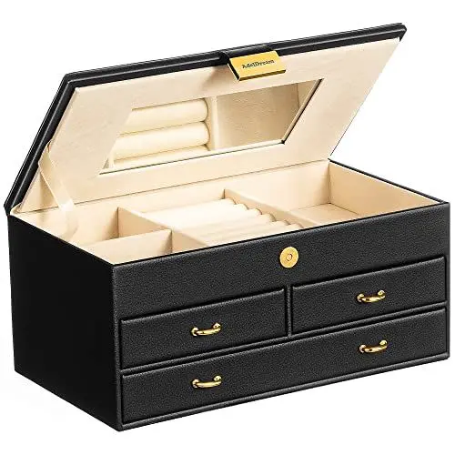 Produktbild: ADEL DREAM Schmuckkästchen, 3-stöckiges Schmuckkästchen mit rotgoldener Schnalle, Schmuckaufbewahrung aus PU-Leder, weicher Samt, Geschenk für Ihre Lieben und Freunde(Nero-11-1)