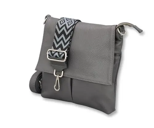 Produktbild: ADEL Umhängetasche Damen Echtes Leder ELLA Handgemachte Crossbody Bag 6 Fächer Stylische Schultertasche mit Ledergurt + Breitem Gemustertem Riemen Verstellbarer Gurt Made in Italy (Dunkelgrau)