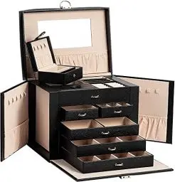 Produktbild: AdelDream Schmuckkasten Schmuckkoffer groß abschließbar 5 Ebenen mit 5 Schubladen mit Spiegel für Ringe Ohrringe Halsketten und Armbänder elegant und klassisch Schwarz