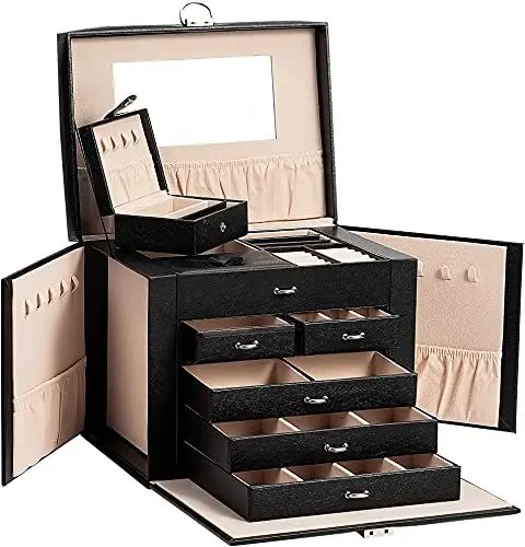 Produktbild: AdelDream Schmuckkasten Schmuckkoffer groß abschließbar 5 Ebenen mit 5 Schubladen mit Spiegel für Ringe Ohrringe Halsketten und Armbänder elegant und klassisch Schwarz