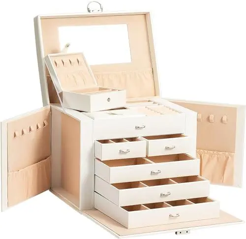 Produktbild: AdelDream Schmuckkasten Schmuckkoffer groß abschließbar 5 Ebenen mit 5 Schubladen mit Spiegel für Ringe Ohrringe Halsketten und Armbänder elegant und klassisch weiß