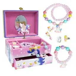 Produktbild: AdelDream Schmuckschachtel für Mädchen mit Musik (5 Schmucksets) 2 Ausziehfächer Schmuck BoxTochter und Lady Freund Geschenk Geburtstagsgeschenk(Zweilagiges Einhorn rosa)