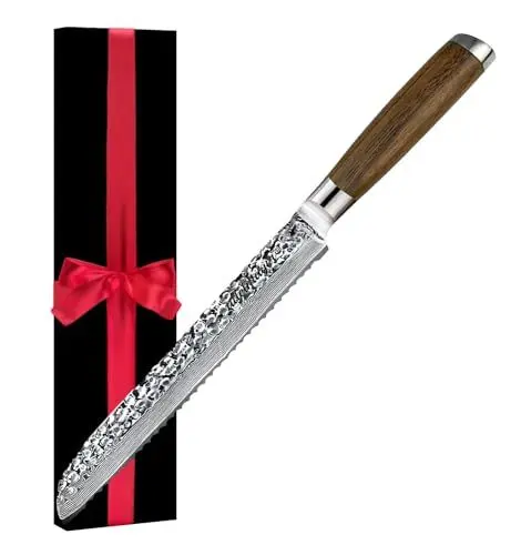 Produktbild: adelmayer® Damastmesser - Brotmesser mit Wellenschliff (Klinge: 20,5 cm) und Holzgriff – handgeschliffen & sehr scharf - Brotschneidemesser aus japanischem Damast-Stahl ohne Zubehör