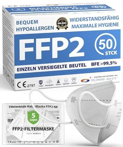 Produktbild: ADESTE - 50 FFP2 Masken, hygienische 5-lagige Staubschutzmaske, EN149:2001+A1:2009 Mundschutzmaske EU2016/425, weiß, Atemschutzmaske, Einzelne versiegelte Beutel