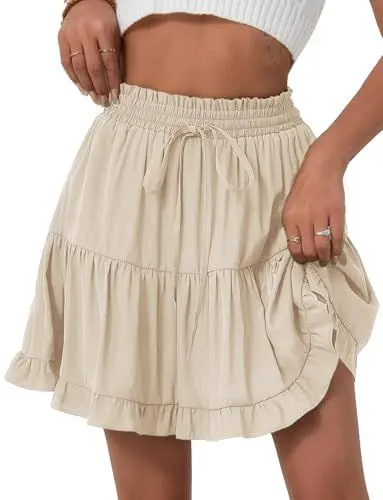 Produktbild: Adigau Damen Kurz Rock Sommer Minirock mit Shorts Hohe Taille Faltenrock Elegant Rüschenrock Sexy Sommerrock A Linie Strandrock Einfarbig Stretch Freizeitrock Beige XL