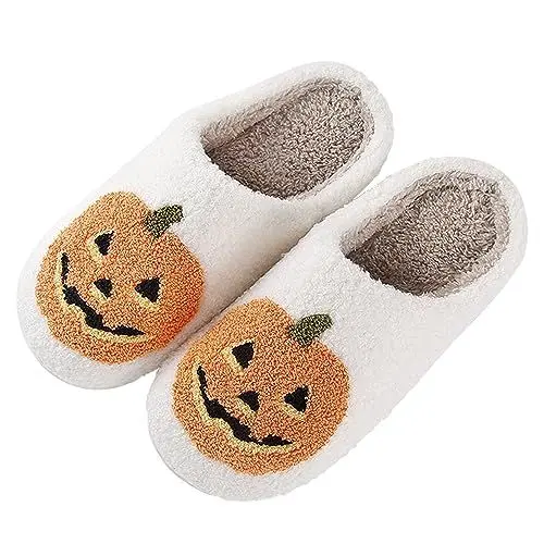 Produktbild: Adisputent Halloween Hausschuhe Kürbis Winter Leicht Slipper Damen Herren Süße Hausschuh mit Anti- Rutsch Plüsch Niedliche Cartoon Pantoffeln Warm Weich Bequem Schlappen Indoor Kürbis Weiß 36-37