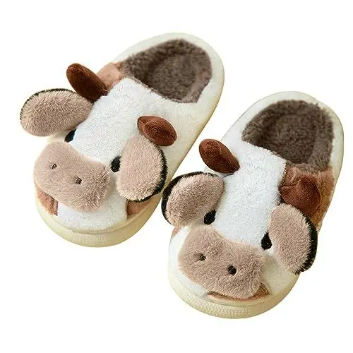 Produktbild: Adisputent Kuh Hausschuhe Flaumig Damen Herren Cow Slippers Plüsch Pantoffeln Tiere Niedliche Cartoon Hauspantoffeln Winter Kuschelige Warme Schuhe Indoor Mädchen Frauen Braun Kuh Offen EU 35-36