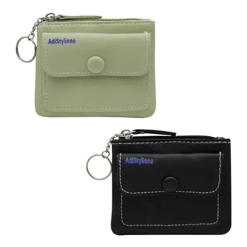 Produktbild: AdiStylinno Kleines Portemonnaie Damen, 2PCS Mini Geldbörse Multifunktionale Münzgeldbörse Schlüsseletui mit Snap Tasche und Schlüsselanhänger zum Speichern von Münzen Kleingeld (Schwarz+Grün)