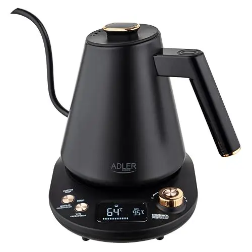 Produktbild: ADLER EUROPE AD 1349 Wasserkocher 1L – Schwarz-Gold, LED-Temperaturanzeige, 900W, Temperaturregulierung 40-100°C, Warmhaltefunktion, Sicherheitsabschaltung, 360° Basis, Edelstahl-Heizelement
