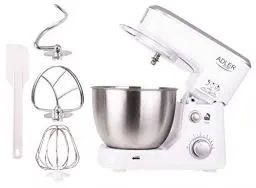 Produktbild: ADLER EUROPE AD 4216 Multifunktions-Küchenmaschine 1000W – 4L Edelstahl-Schüssel, 6 Geschwindigkeiten, Schwenkkopf, Anti-Spritz-Abdeckung, Knet-, Rührhaken & Schneebesen, Weiß