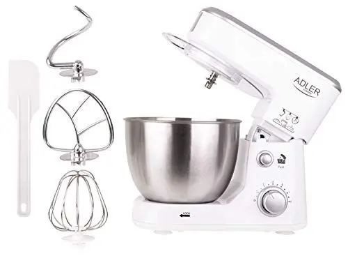 Produktbild: ADLER EUROPE AD 4216 Multifunktions-Küchenmaschine 1000W – 4L Edelstahl-Schüssel, 6 Geschwindigkeiten, Schwenkkopf, Anti-Spritz-Abdeckung, Knet-, Rührhaken & Schneebesen, Weiß