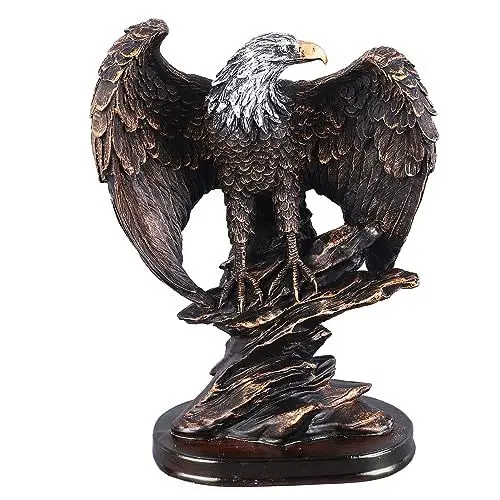 Produktbild: Adler-Statue, Sichere Harz-Bronze-Weißkopfseeadler-Figuren-Statuen, Retro-Weißkopfseeadler, der Seine Flügel auf Felsen mit Holzsockel öffnet, Adler-Skulptur-Dekor für Zuhause