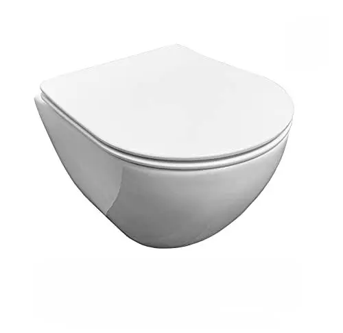 Produktbild: ADOB, verkürzte kurze spülrandlose wandhängende WC Keramik Toilette, platzsparend, mit passendem WC Sitz mit Absenkautomatik, inkl. Schallschutzmatte, 28022