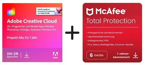 Produktbild: Adobe Creative Cloud All Apps + McAfee Total Protection 2025 | 6 Geräte | 12 Monate | 2025 | Aktivierungscode per Email