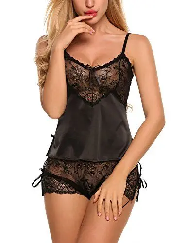 Produktbild: ADOME Damen Dessous Set Sexy Satin Pyjama Unterwäschen Reizwäsche Strapse Set Nachtwäsche Spitze Zweiteilige Nachthemd Frauen Shorty Schlafanzug,Schwarz,M