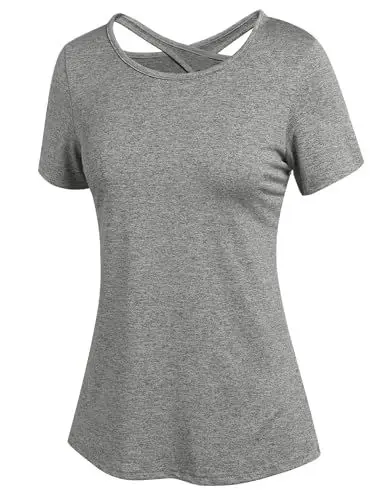 Produktbild: ADOME Damen Sport T-Shirt Kurzarm Sportshirt Funktionsshirt Yoga Shirt Damen Rückenfreies Oberteil Laufshirt Top Sport Shirts Elastisch Hellgrau L