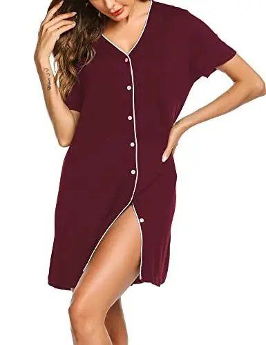 Produktbild: ADOME Nachthemd mit Knopfleiste Damen Baumwolle Nachtkleid Schlafshirt Still Nachthemd Geburtskleid Krankenhaus Rot XXL